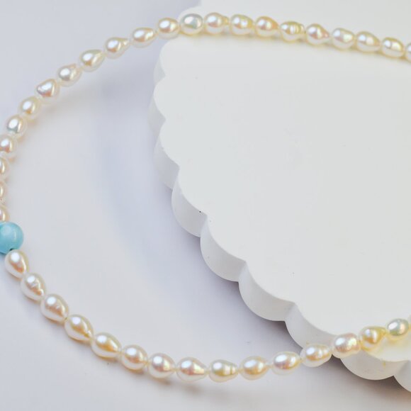 Larimar & Mini Baroque Pearl Necklace 16.5-18.5" - Picture 3 of 7